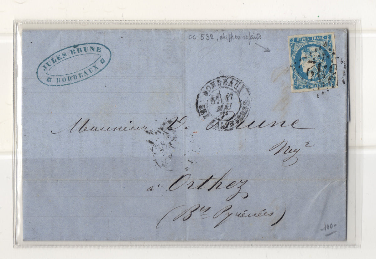 FRANCE ! LETTRE vers Orthez de 1871 avec Timbre CERES de BORDEAUX n°46A
