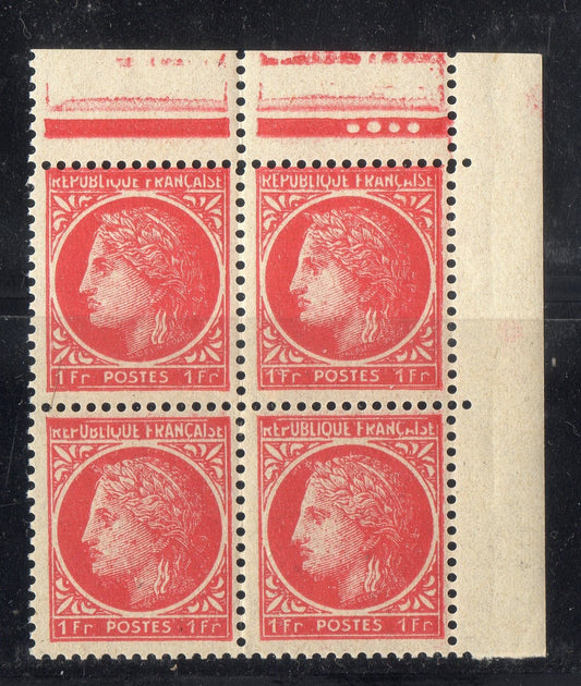 FRANCE : BLOC de 4 Timbres NEUFS Cérès de 1945 n°676 Défaut d'Impression