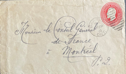 Canada : Timbre imprimé sur Lettre destinée au consul général de France à Montréal 1910